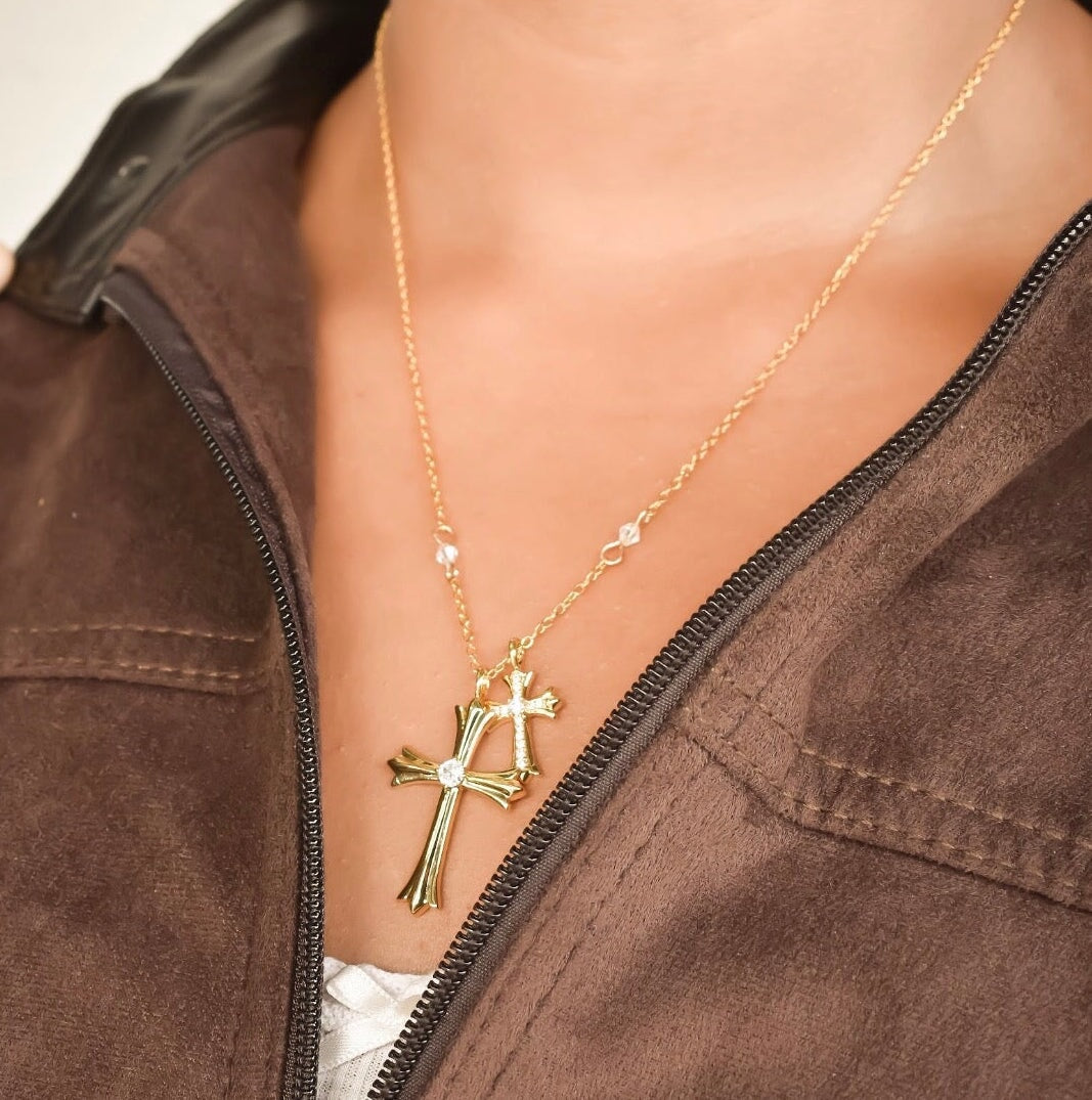 Double Cross Charm Necklace Necklaces Crystal