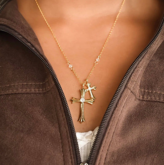 Double Cross Charm Necklace Necklaces Crystal
