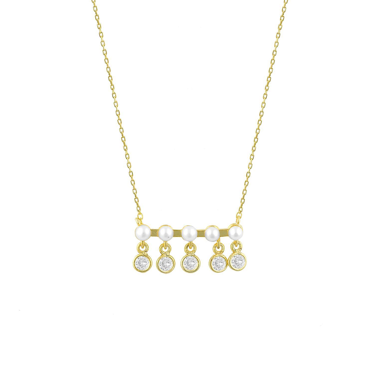Five Pearls and Crystals on a Gold Bar Necklace JEWELRY The Sis Kiss