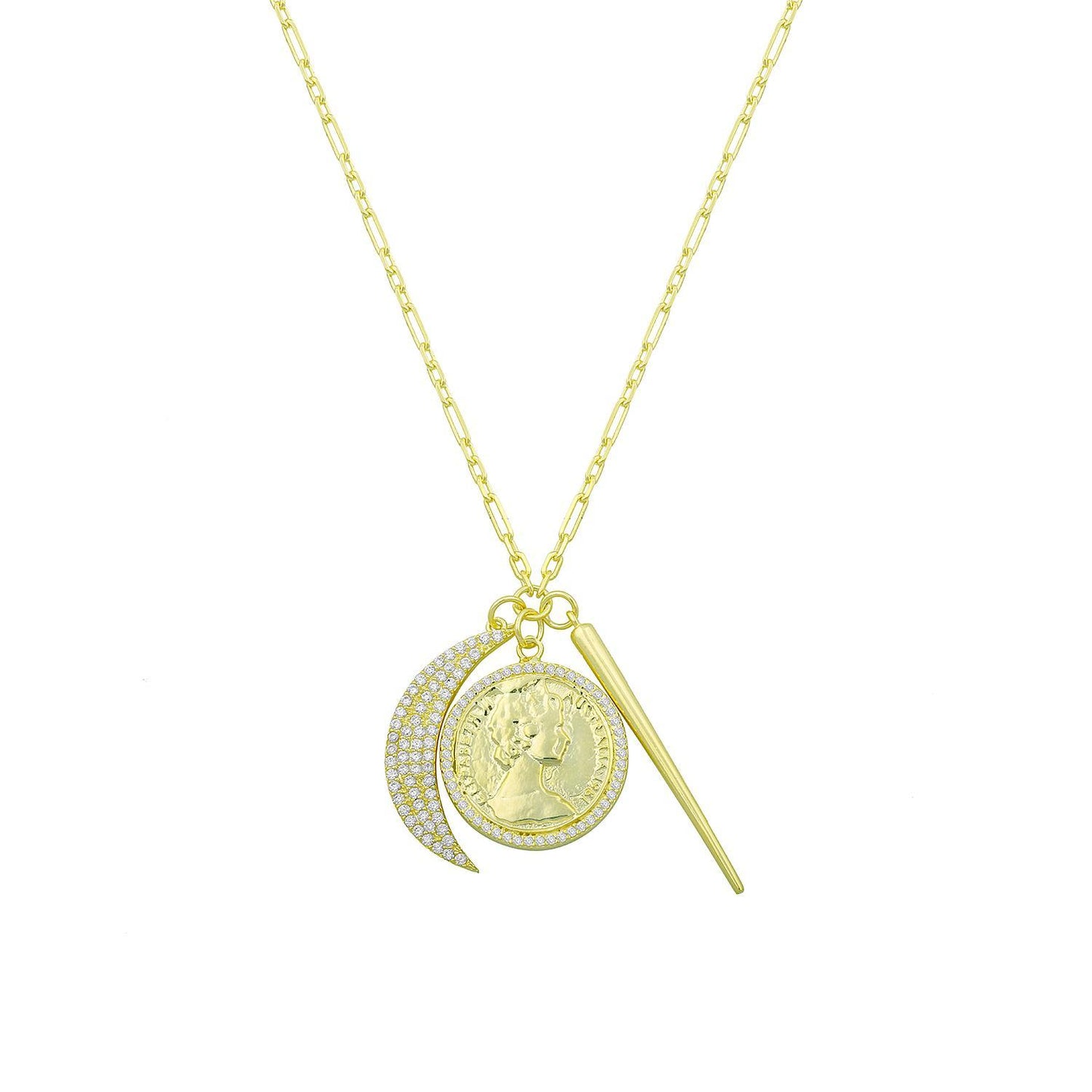 Triple Charm Necklace: Queen Coin, Crescent, and Spike JEWELRY The Sis Kiss