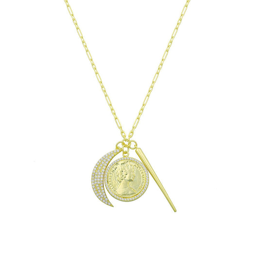 Triple Charm Necklace: Queen Coin, Crescent, and Spike JEWELRY The Sis Kiss