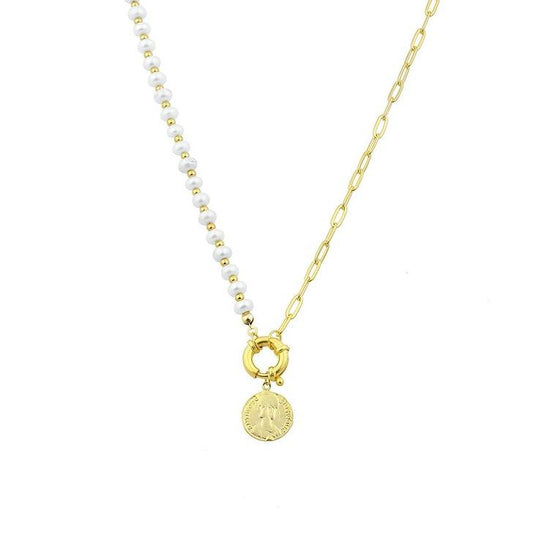 Pearl and Chain Link Greek Coin Necklace JEWELRY The Sis Kiss