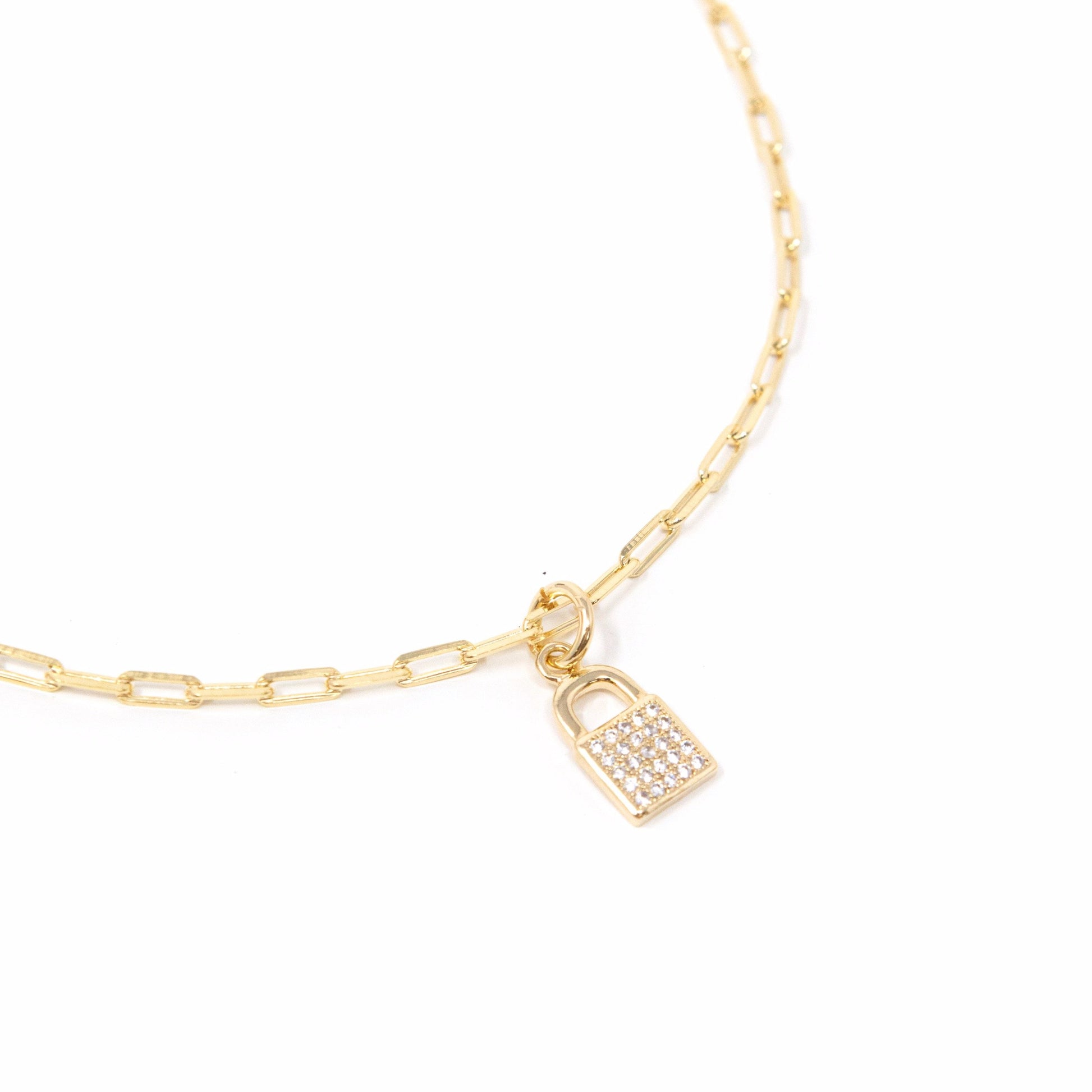 Chain Link and Crystal Lock Key Heart Bracelets/Necklaces JEWELRY The Sis Kiss Lock Charm Necklace