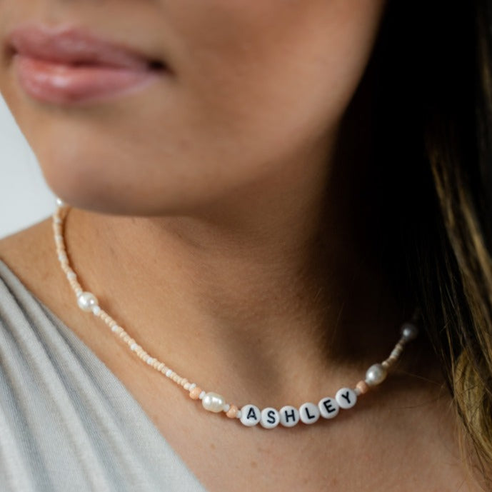 Customized Champagne and Pearls Beaded Necklace JEWELRY The Sis Kiss