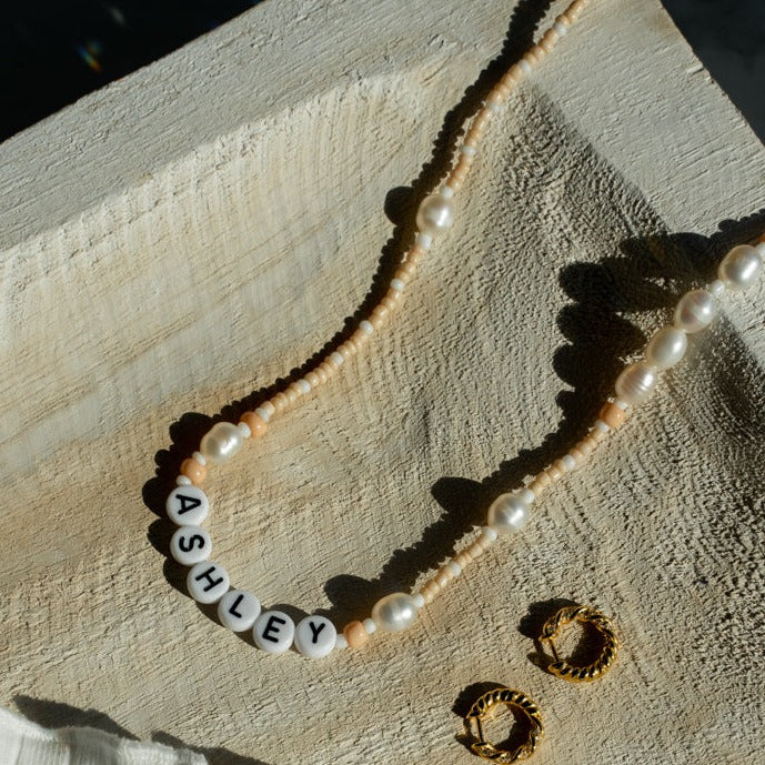 Customized Champagne and Pearls Beaded Necklace JEWELRY The Sis Kiss