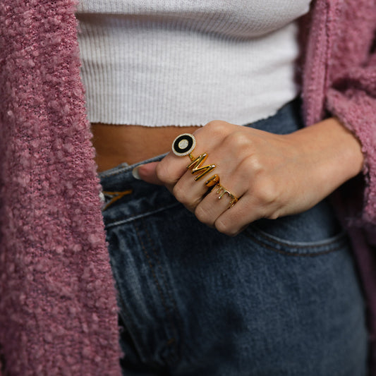 Black Enamel and Crystal Circles Ring JEWELRY The Sis Kiss