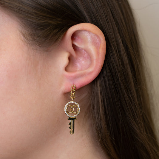 Gold and Crystal Key Earrings JEWELRY The Sis Kiss