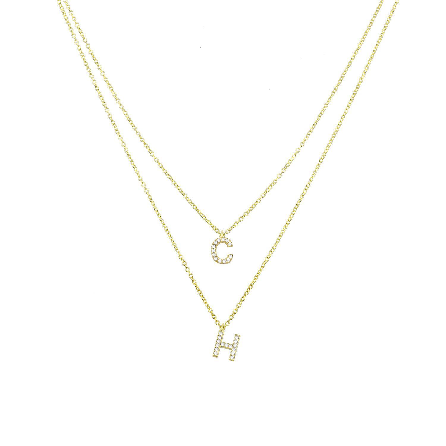 Personalized 14K Gold-Plated Sterling Silver or Sterling Silver Double Diamond-Shaped Monogram Pendant, Women's, Grey Type