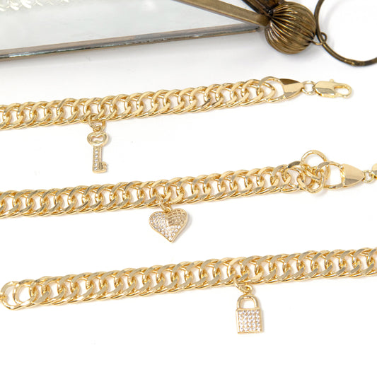 Chain Link and Crystal Lock Key Heart Bracelets/Necklaces JEWELRY The Sis Kiss