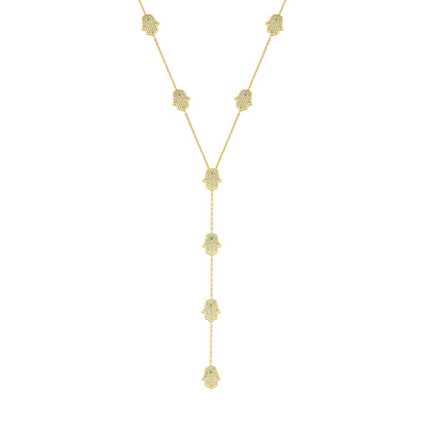 Turquoise and Hamsa Hand Lariat Necklace necklace The Sis Kiss
