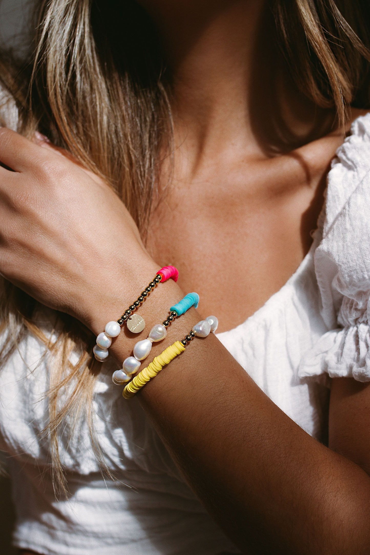 Pearl and Clay Disk Bracelets JEWELRY The Sis Kiss