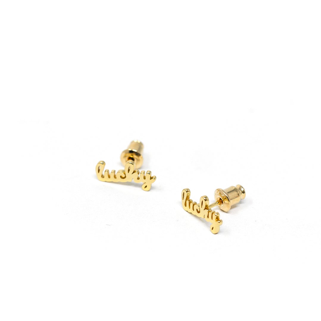 Dainty Script Mantra Earrings JEWELRY The Sis Kiss Lucky