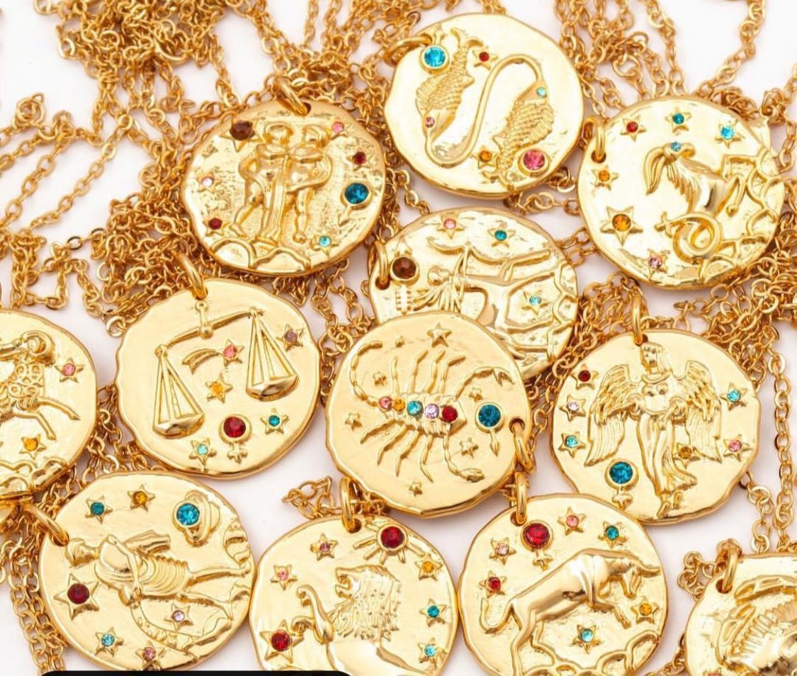 Gold Crystal Zodiac Coin Necklace JEWELRY The Sis Kiss