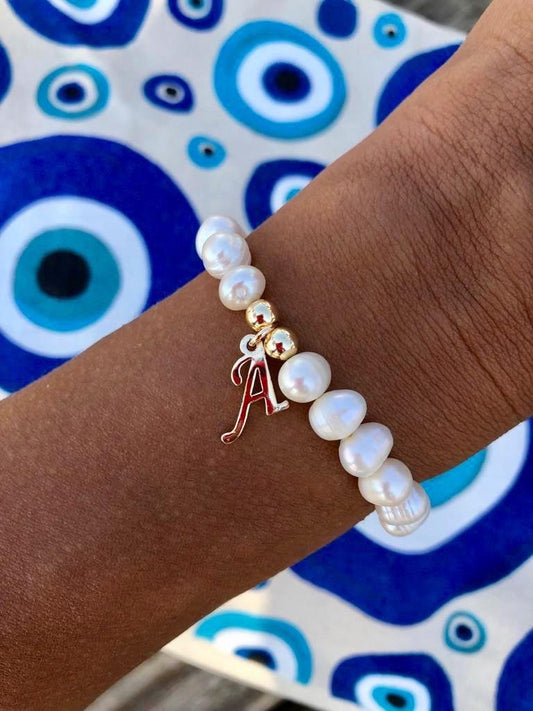 Initial Charm Pearl Stretch Bracelet JEWELRY The Sis Kiss
