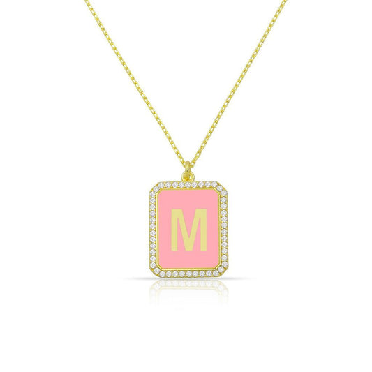 Square Pendant Initial Necklace in Pink or Blue JEWELRY The Sis Kiss