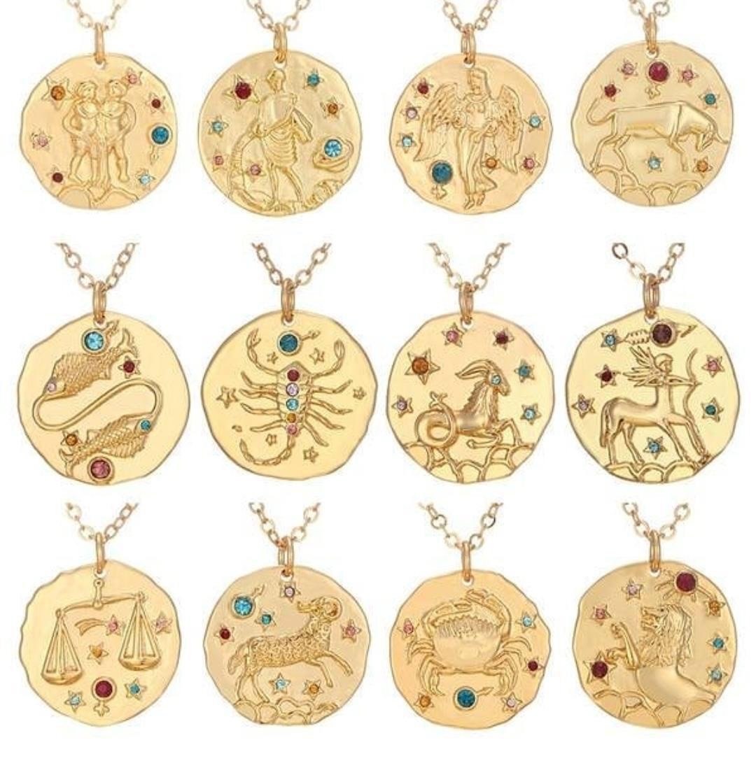Gold Crystal Zodiac Coin Necklace JEWELRY The Sis Kiss