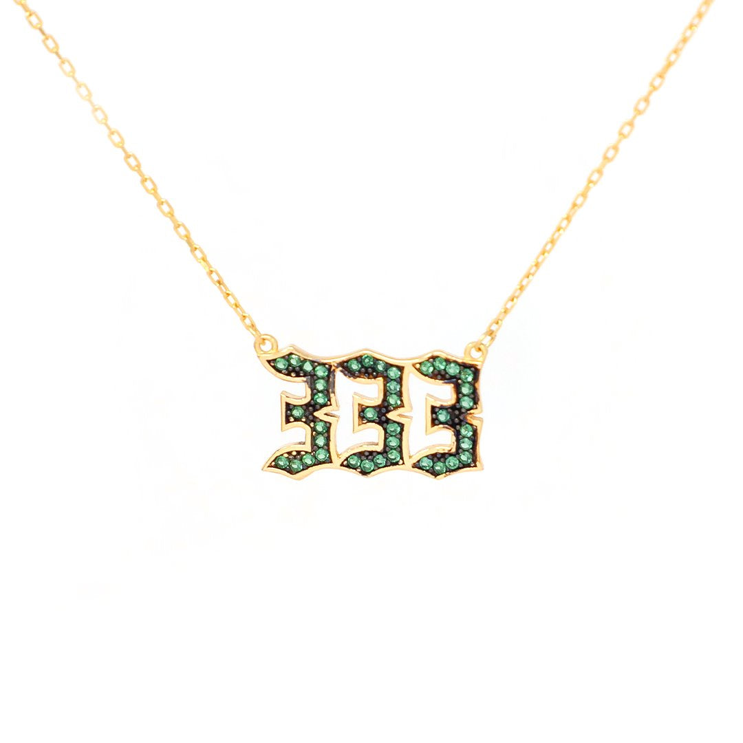 Angel Numbers Necklace Necklaces Saida 333 Gold with Emerald Green Crystals 