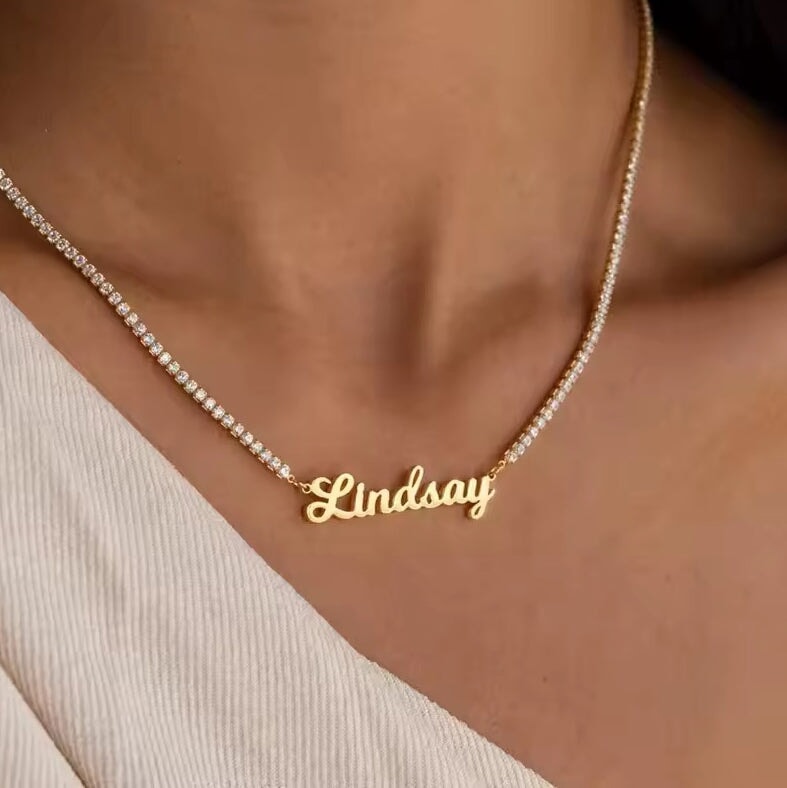 Custom Classic Rhinestone Nameplate Necklace necklace Rena