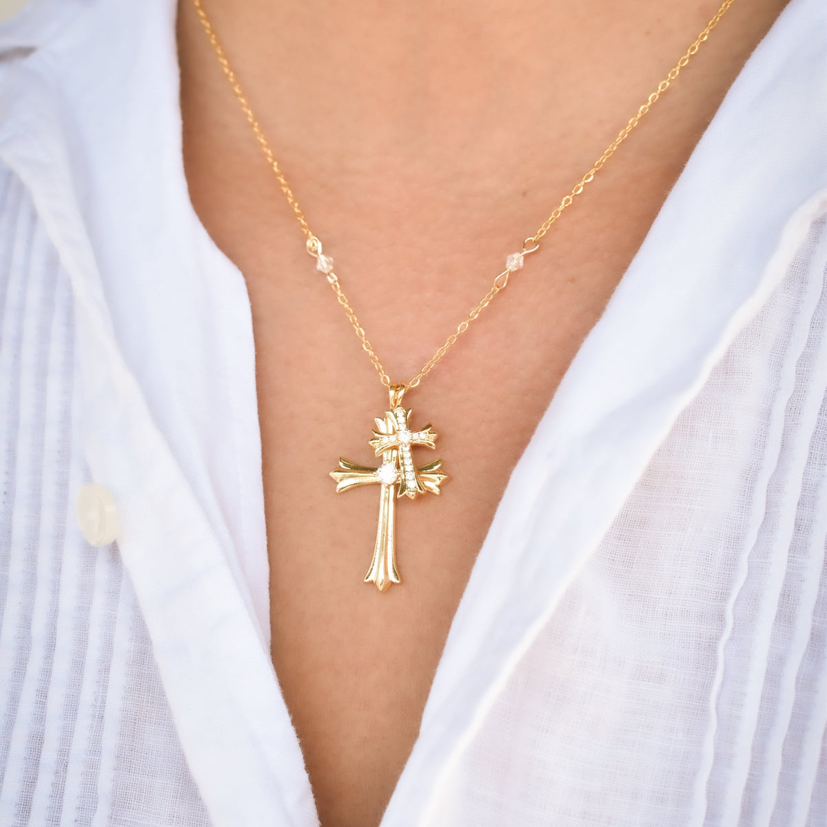 Double Cross Charm Necklace Necklaces Crystal 