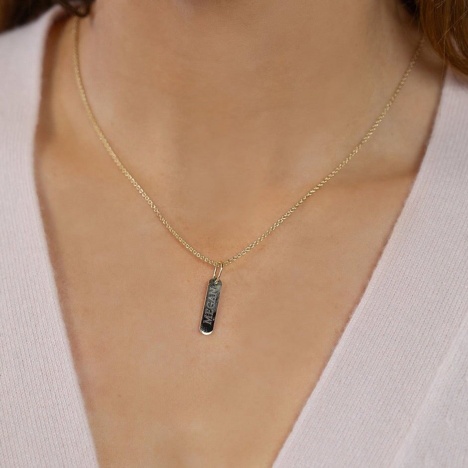 Custom Laser Engraved Oval Bar Charm Necklace JEWELRY The Sis Kiss