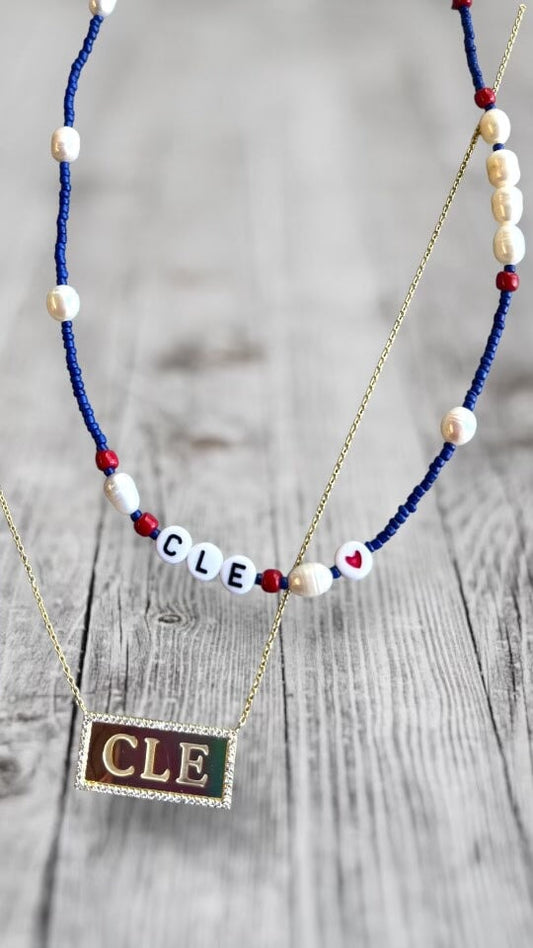 Home Team CLE Bead and Pearl Necklace Necklaces The Sis Kiss Cleveland Blue and Red 