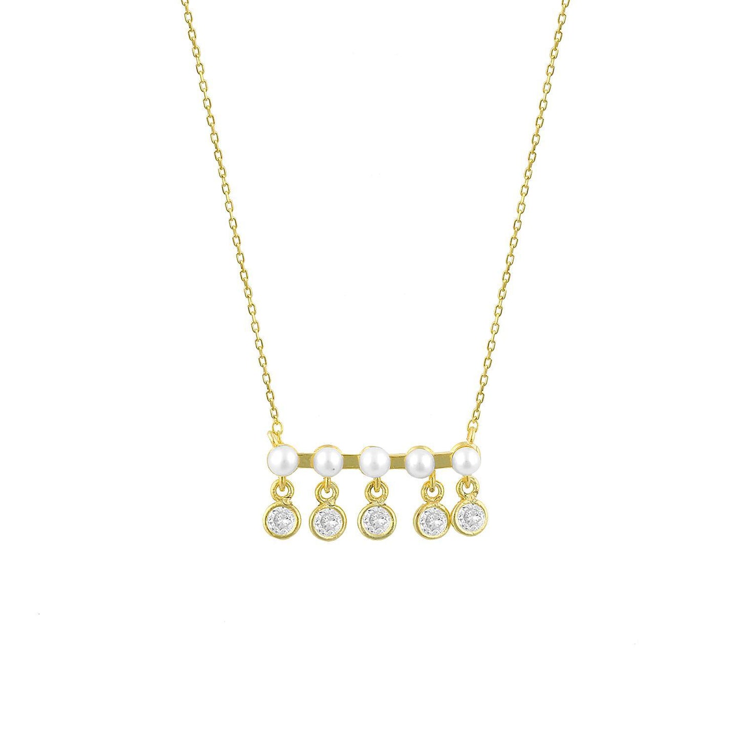 Five Pearls and Crystals on a Gold Bar Necklace JEWELRY The Sis Kiss