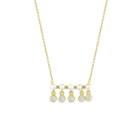 Five Pearls and Crystals on a Gold Bar Necklace JEWELRY The Sis Kiss