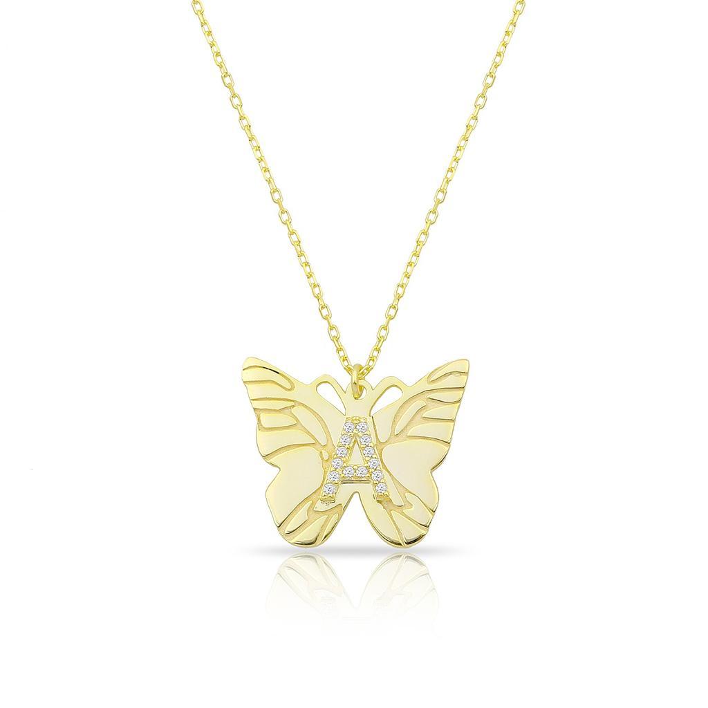 Custom Butterfly and Crystal Initial Necklace JEWELRY The Sis Kiss Gold