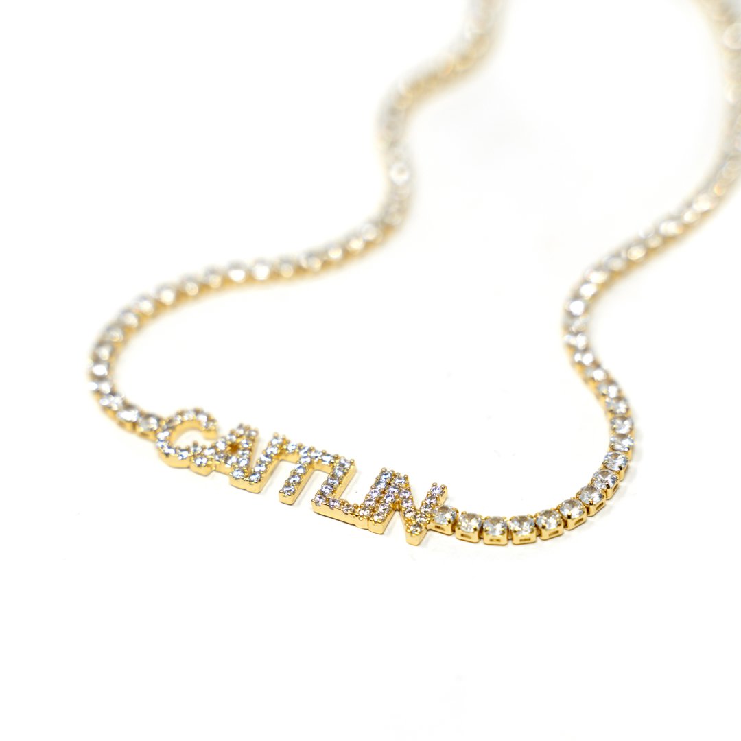 Customized Tennis Chain Nameplate Necklace JEWELRY Joyce Rhinestone and Yellow Gold