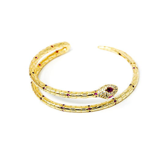 Ruby Red Crystal and Gold Serpent Cuff JEWELRY The Sis Kiss