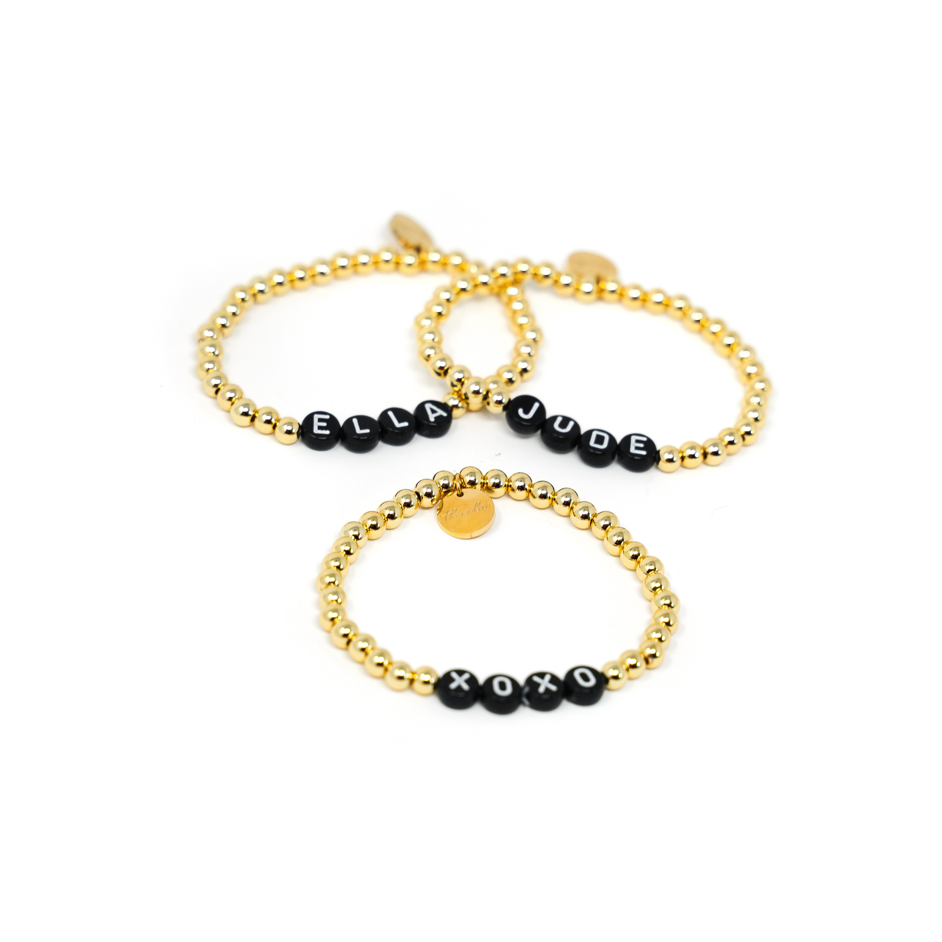 Customized Stretch Beaded Bracelets White Beads Black Letters
