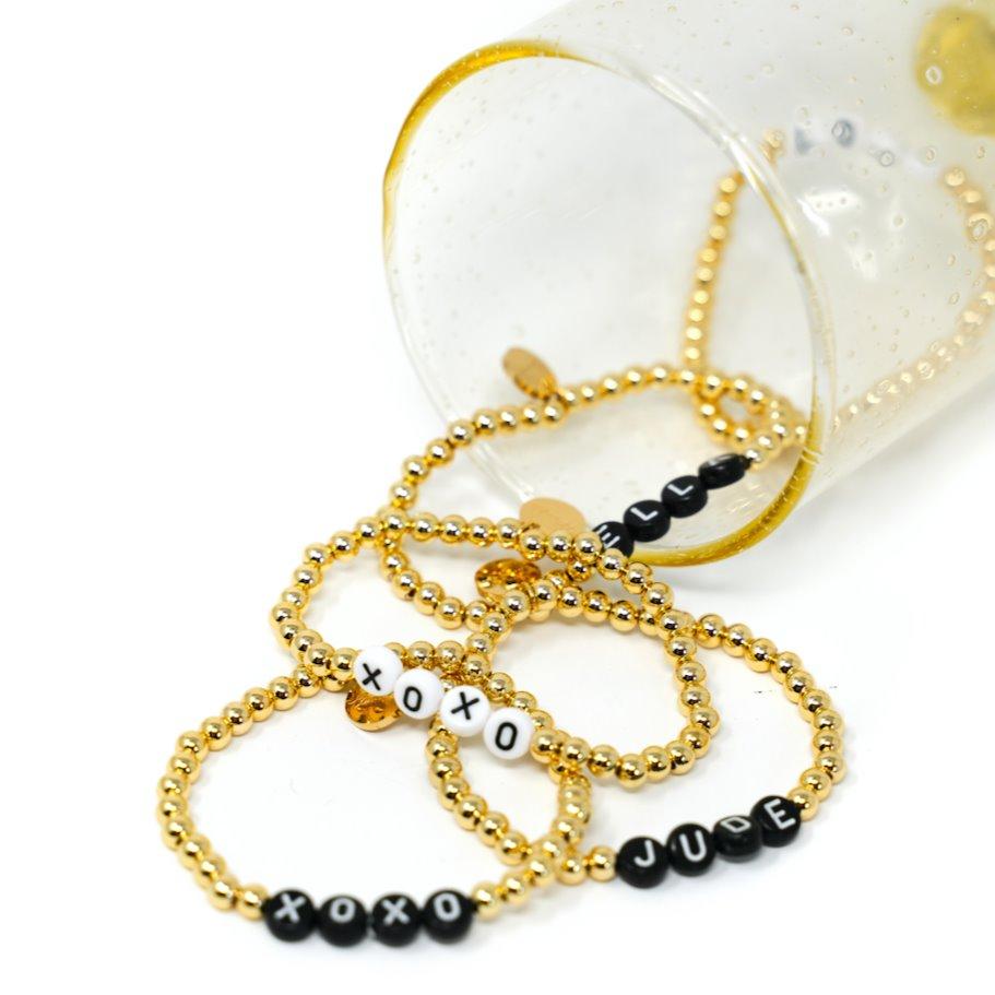 Customized Stretch Beaded Bracelets White Beads Black Letters