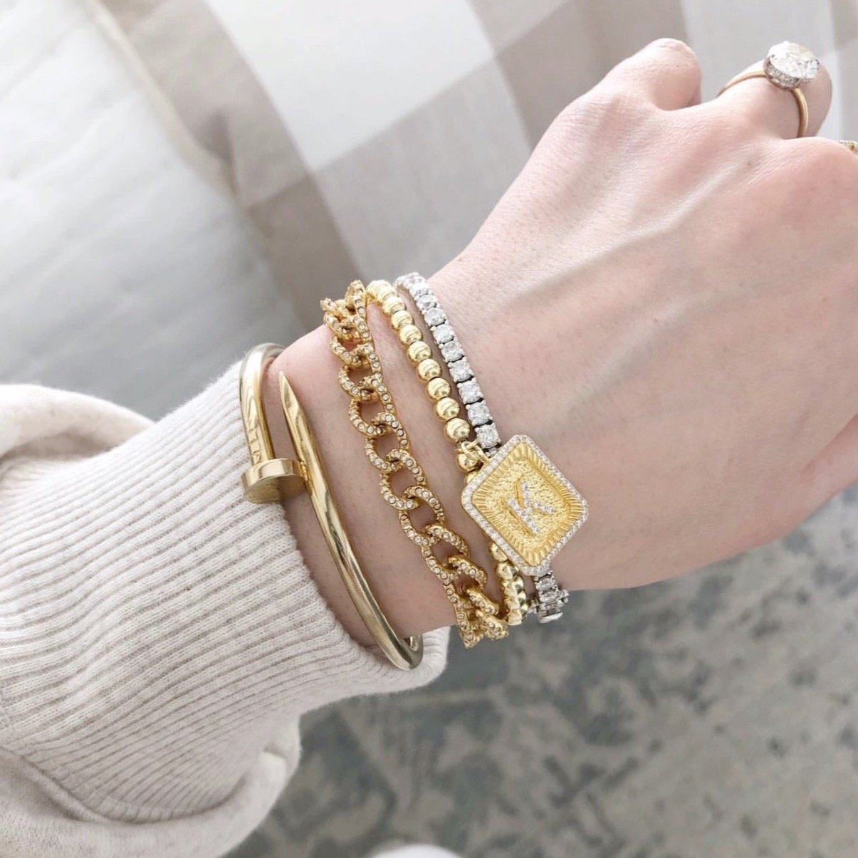 Square Initial Bracelet in Gold JEWELRY The Sis Kiss
