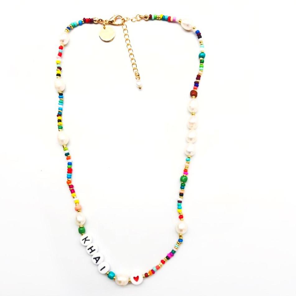Custom Rainbow and Pearl Beaded Necklace JEWELRY The Sis Kiss