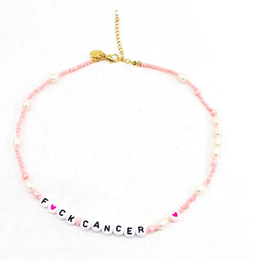 Fuck Cancer Pink and Pearl Beaded Necklace JEWELRY Joyce