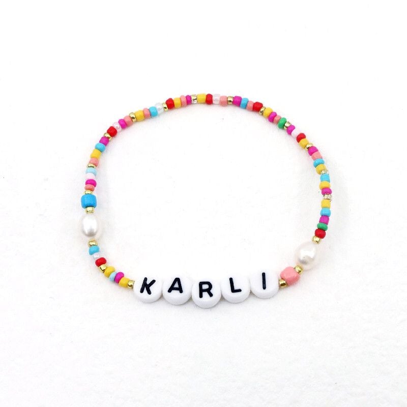 Customized Stretch Rainbow and Pearl Beaded Bracelet The Sis Kiss