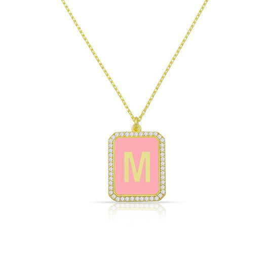 Square Pendant Initial Necklace in Pink or Blue JEWELRY The Sis Kiss 
