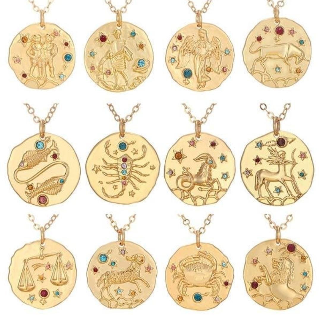 Gold Crystal Zodiac Coin Necklace JEWELRY The Sis Kiss