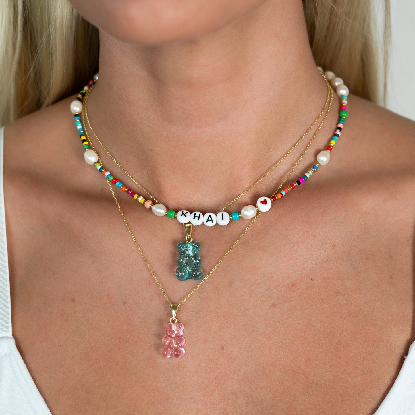 Custom Rainbow and Pearl Beaded Necklace JEWELRY The Sis Kiss