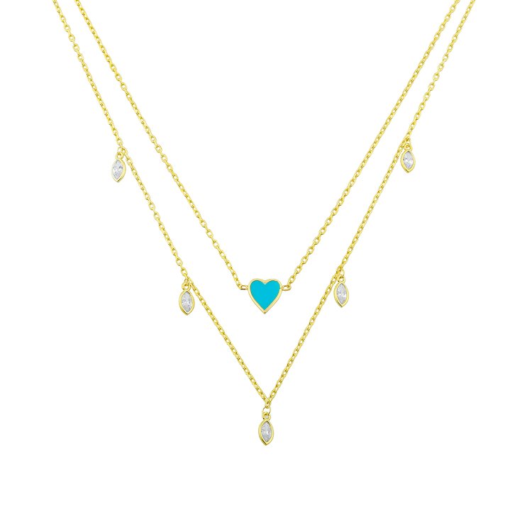 Teal Heart with Crystal Drop Layered Necklace necklace The Sis Kiss